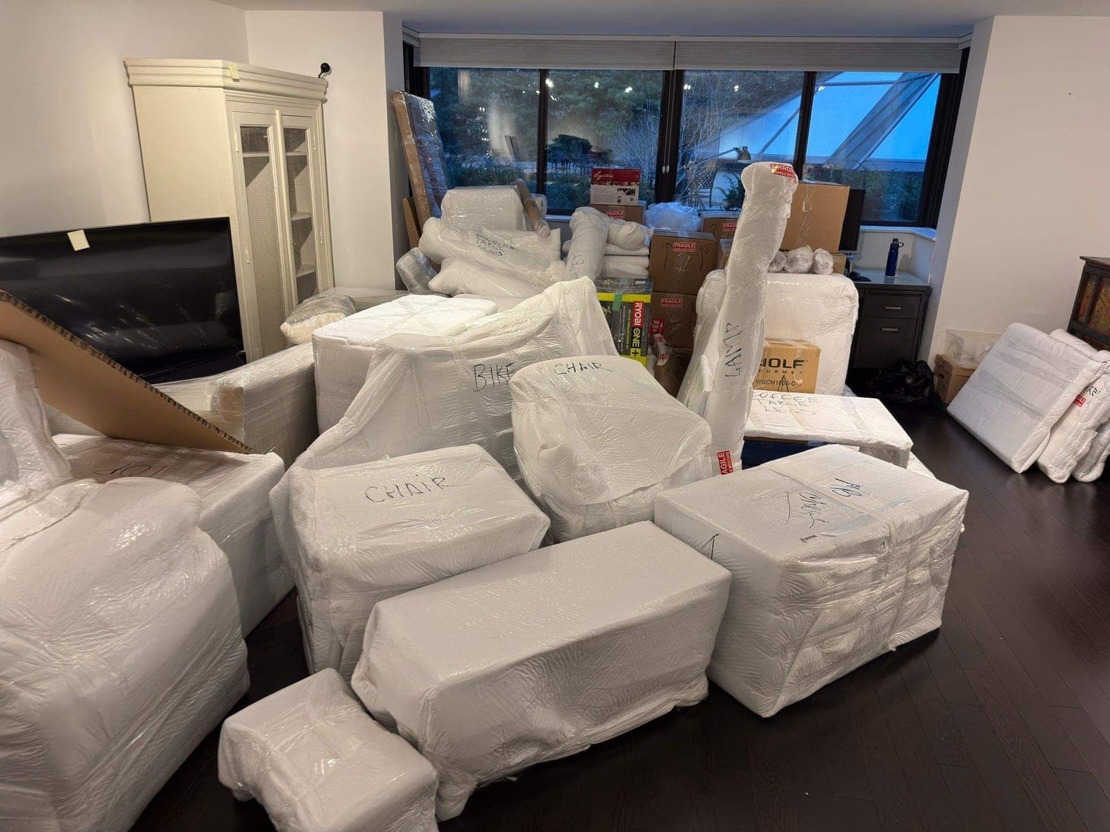 A living room export-packed for an international move